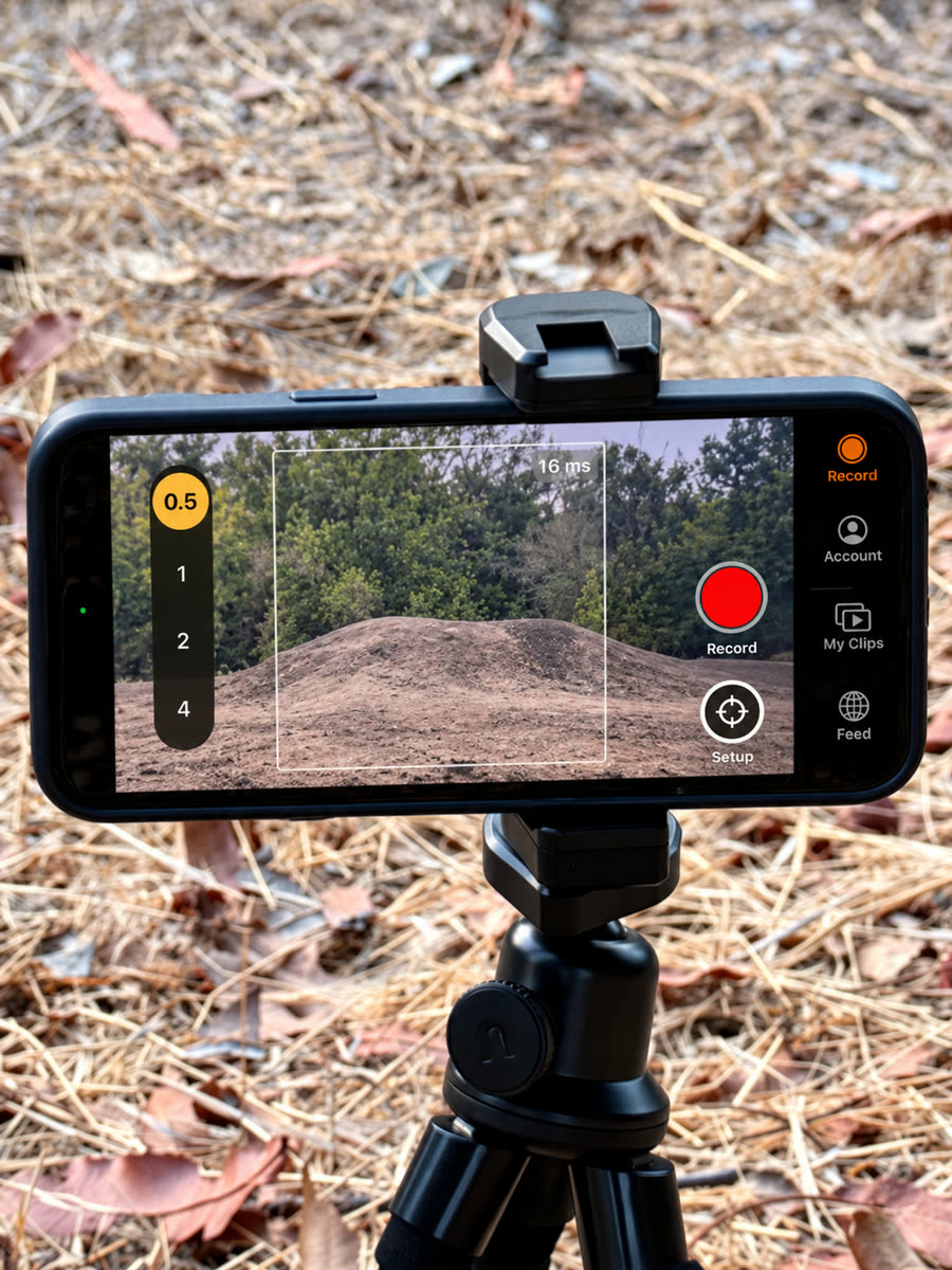 The Shreddy app on a phone on a tripod, with the Record button on screen